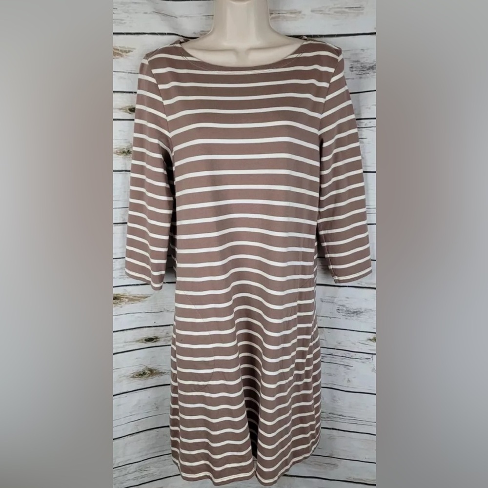 Garnet Hill Catalog Brown Striped Print Dress A-Line 100% Cotton Knit Shift